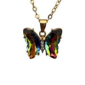 Sparkling Butterfly Pendant Necklace Rainbow Crystal Gold Chain‎ Jewelry Gift